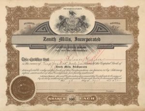 Zenith Mills, Incorporated - Stock Certificate