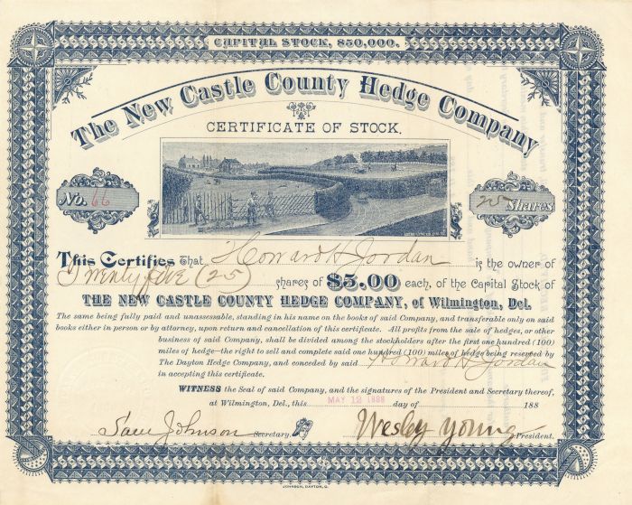 New Castle County Hedge Co. - 1888 dated Stock Certificate - Wilmington, Delaware