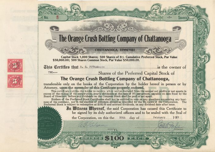 Orange Crush Bottling Company of Chattanooga - Stock Certificate