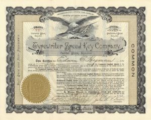 Typewriter Speed Key Co. - Stock Certificate