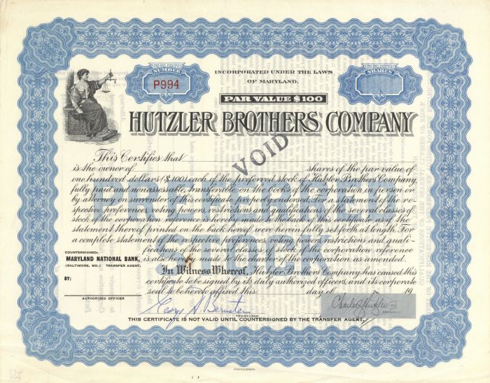 Hutzler Brothers Co. - Famous Department Store Stock Certificate