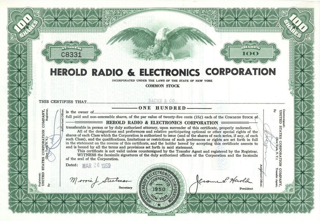 Herold Radio and Electronics Corporation - Stock Certificate