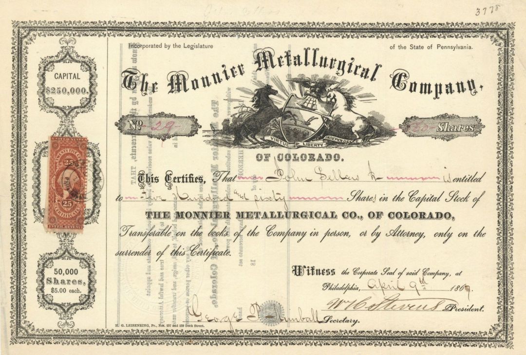 Monnier Metallurgical Co., of Colorado - Metallurgy Stock Certificate - Rare Topic