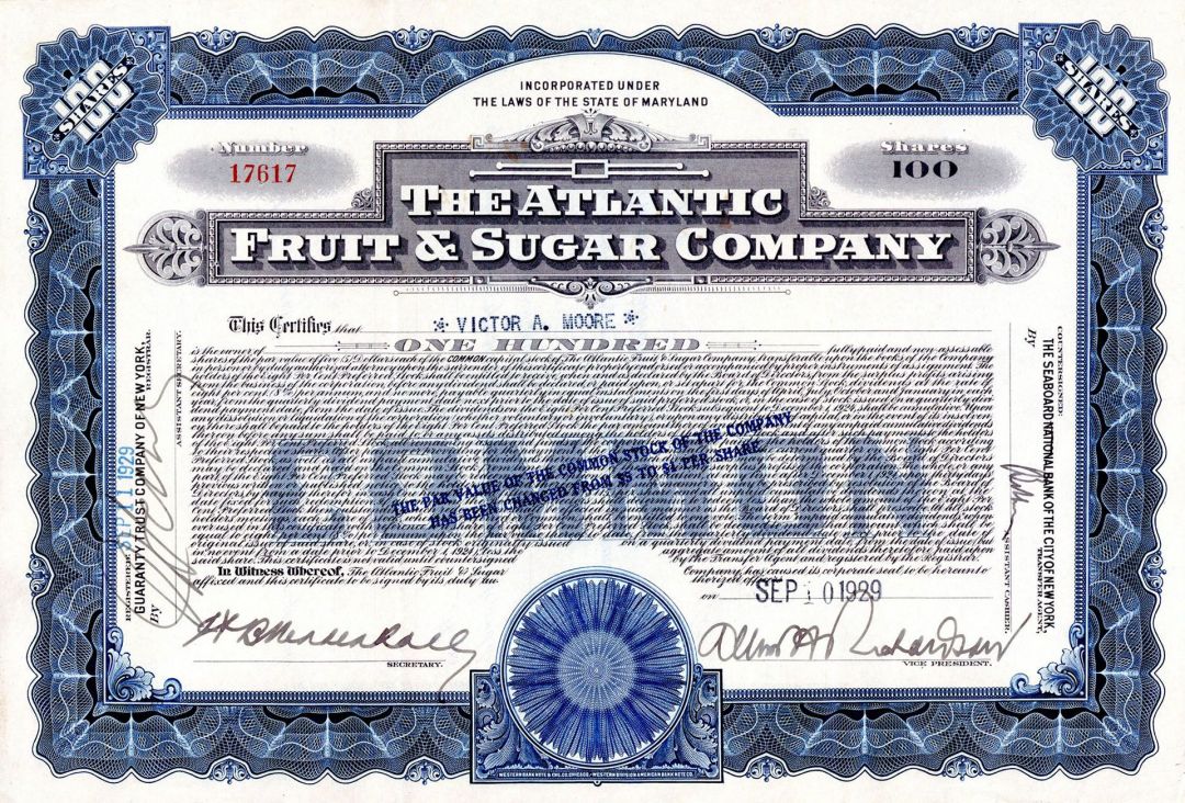 Atlantic Fruit and Sugar Co. - Stock Certificate