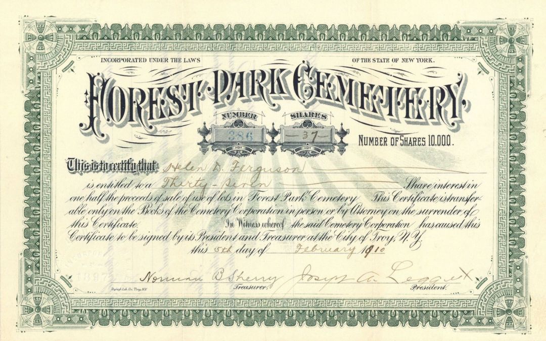 Forest Park Cemetery - Stock Certificate