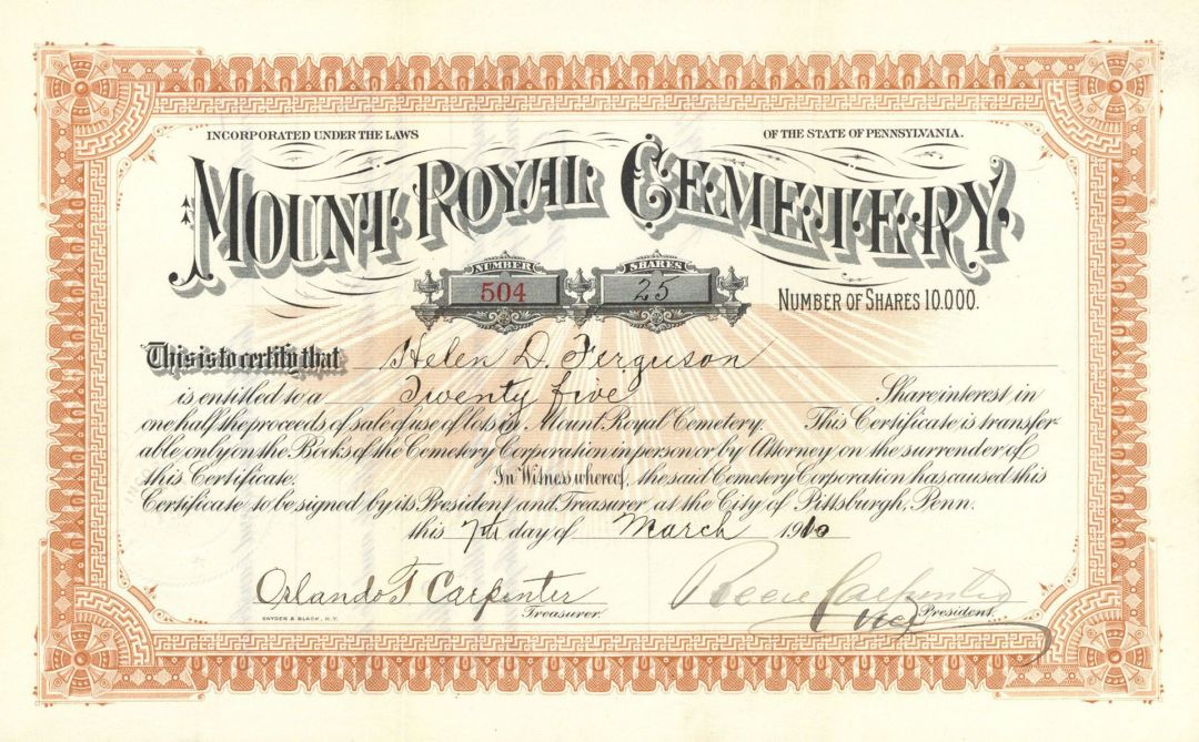 Mount Royal Cemetery - Stock Certificate