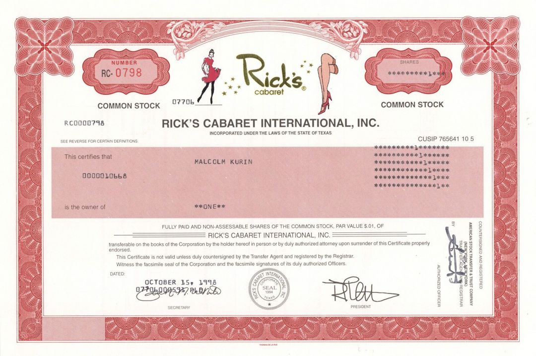 Rick's Cabaret International, Inc. - 1998 dated Stock Certificate