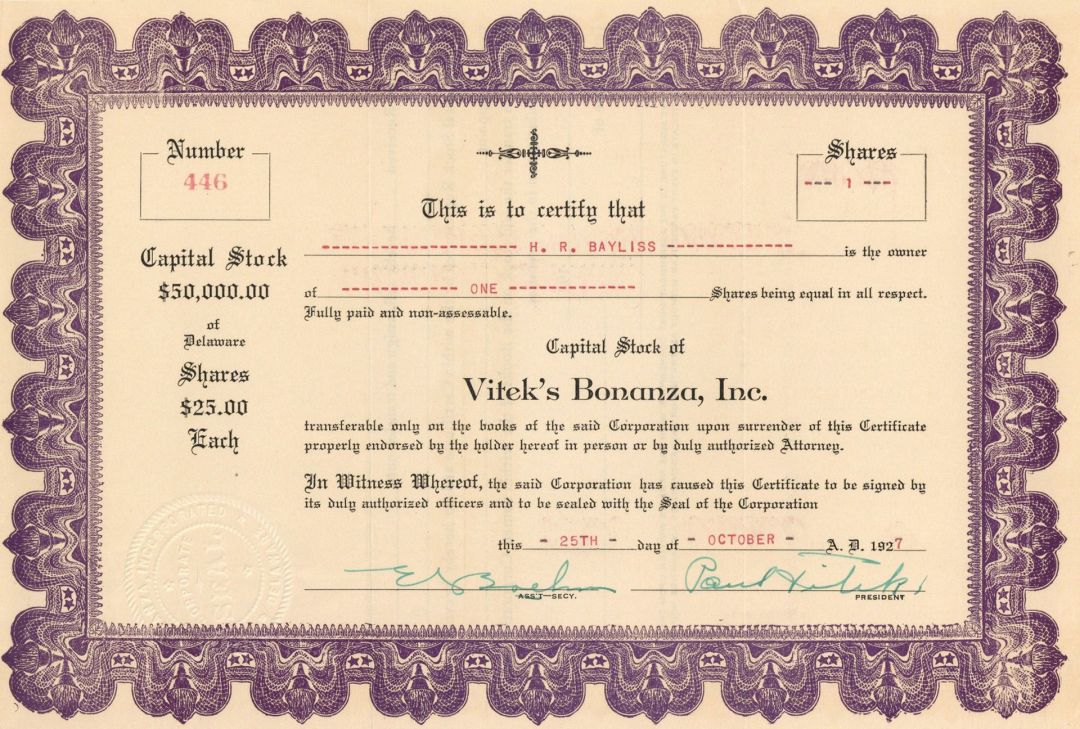 Vitek's Bonanza, Inc. - Stock Certificate
