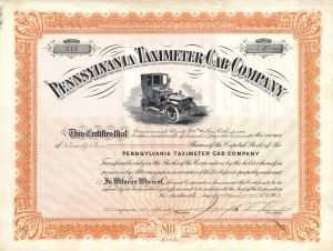 Pennsylvania Taximeter Cab Co. - 1913 dated Automotive Stock Certificate