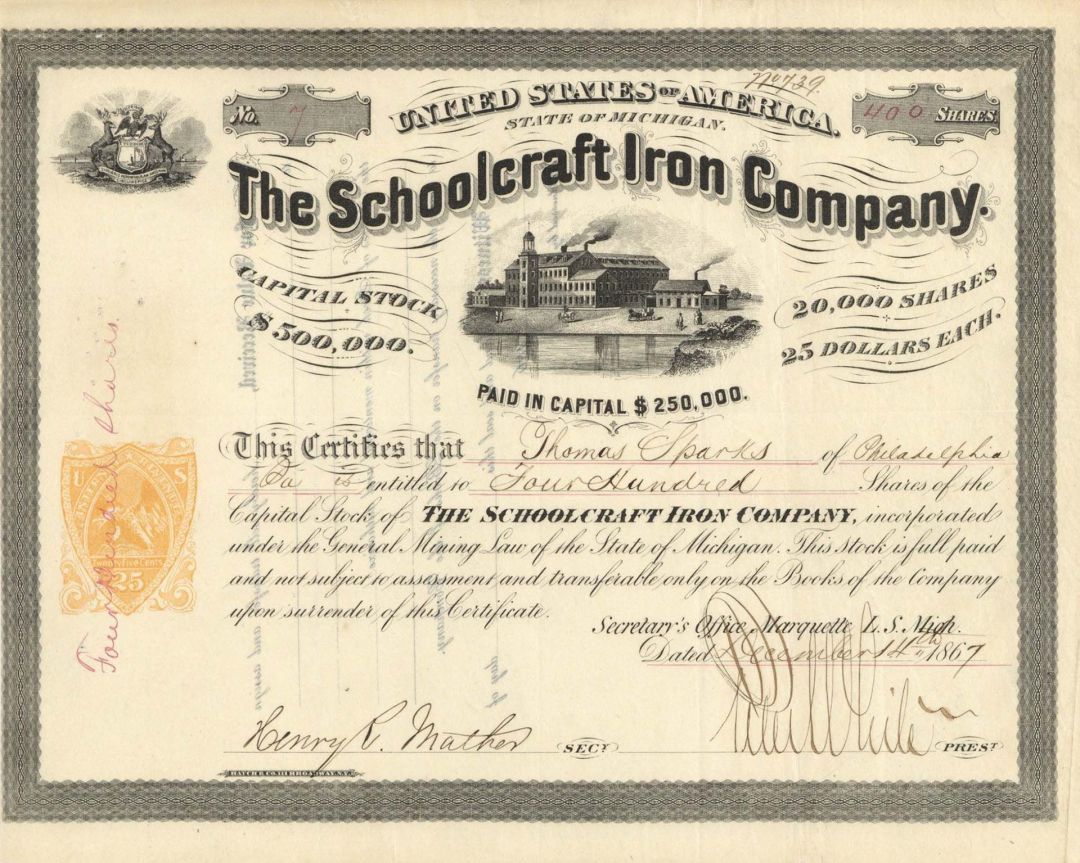 Schoolcraft Iron Co. - 1867 dated Gorgeous Imprinted Revenue Michigan Stock Certificate