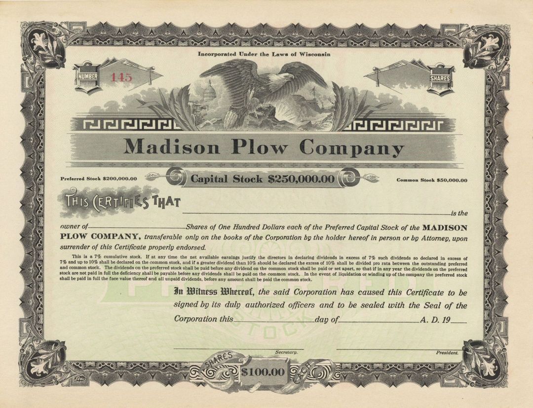 Madison Plow Co. - Stock Certificate