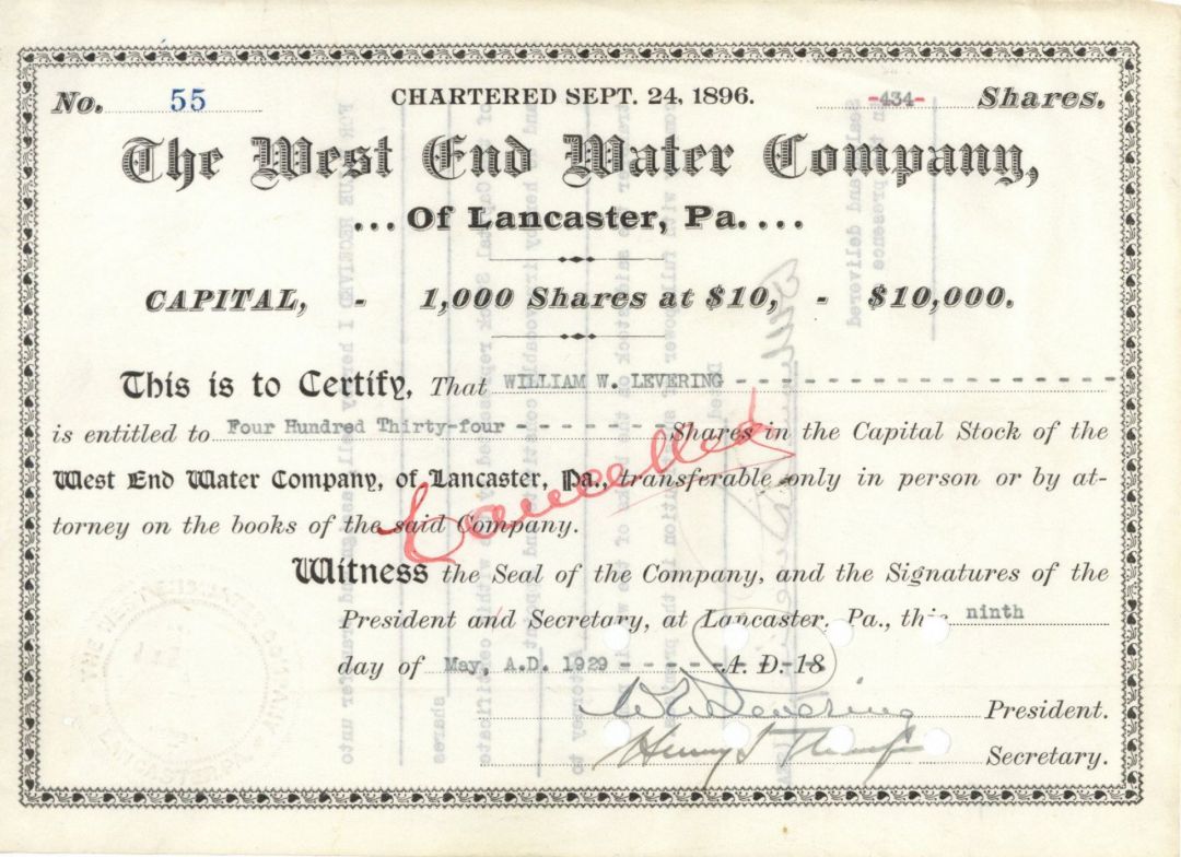West End Water Co. of Lancaster, Pennsylvania - Utility Stock Certificate