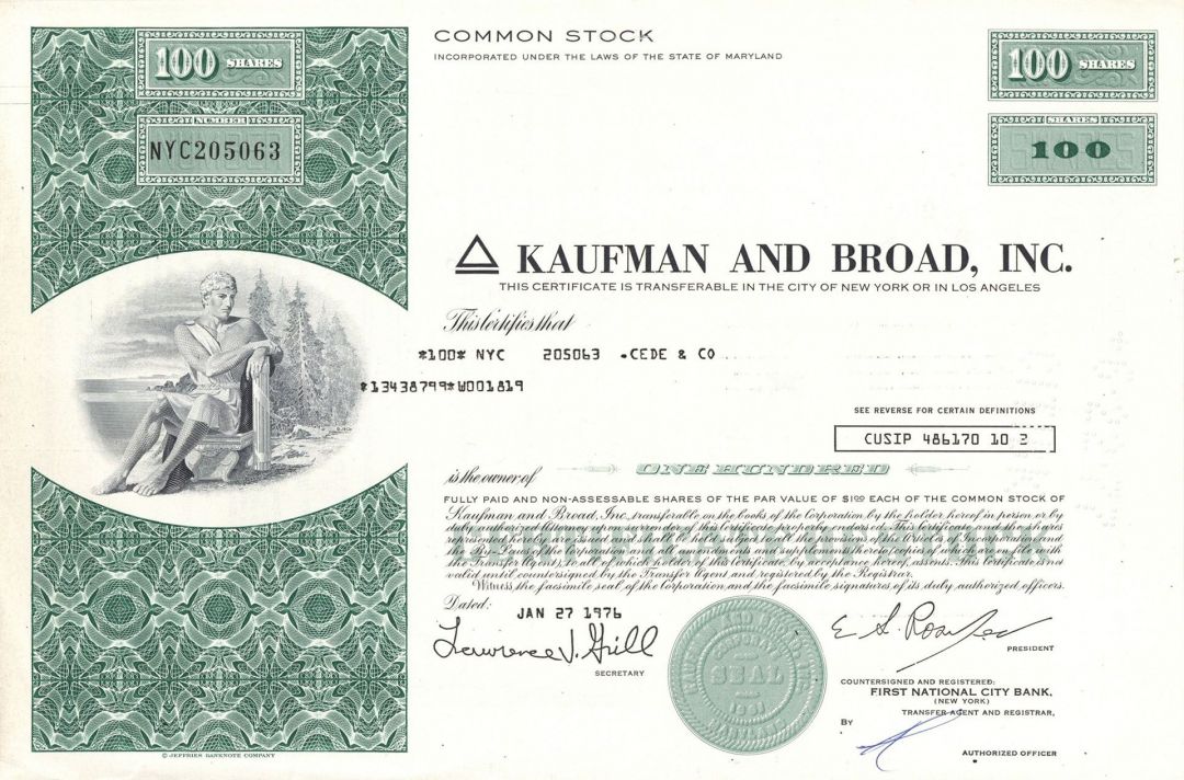 Kaufman and Broad, Inc. - 1972 or 1976 dated Stock Certificate - Home Building Company