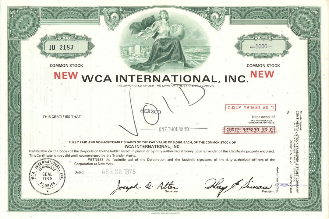 WCA International, Inc. - Stock Certificate