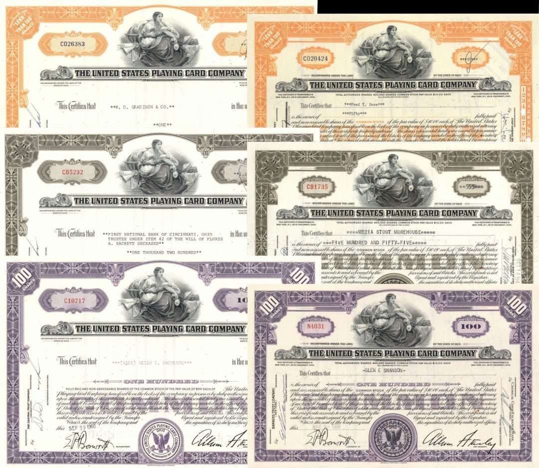 Six Stocks of the United States Playing Card Co. - Set of 6 - 1940's to 1960's dated Stock Certificates
