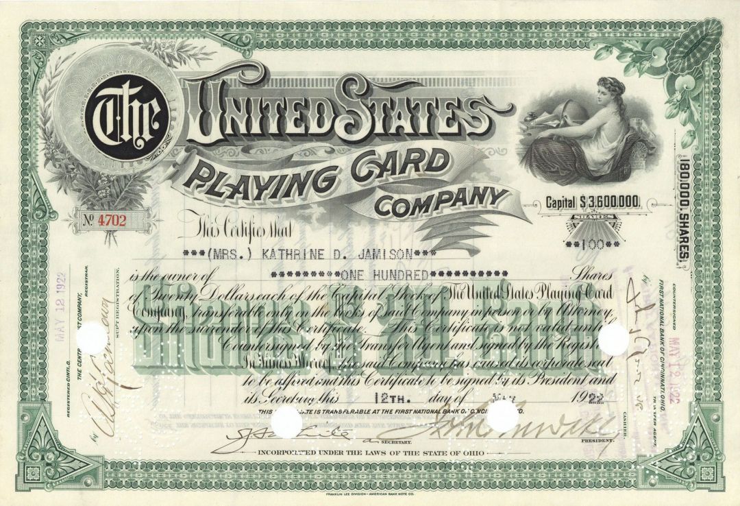 United States Playing Card Co. - 1920's dated Stock Certificate - Gaming and Gambling