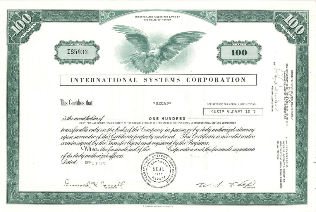 International Systems Corp. -  Stock Certificate