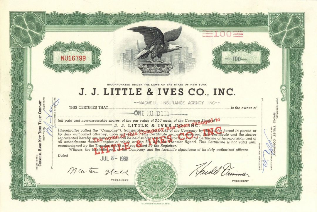 J.J. Little and Ives Co., Inc. -  Printer Stock Certificate