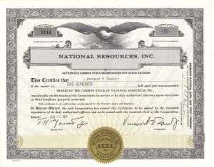 National Resources, Inc. -  Stock Certificate