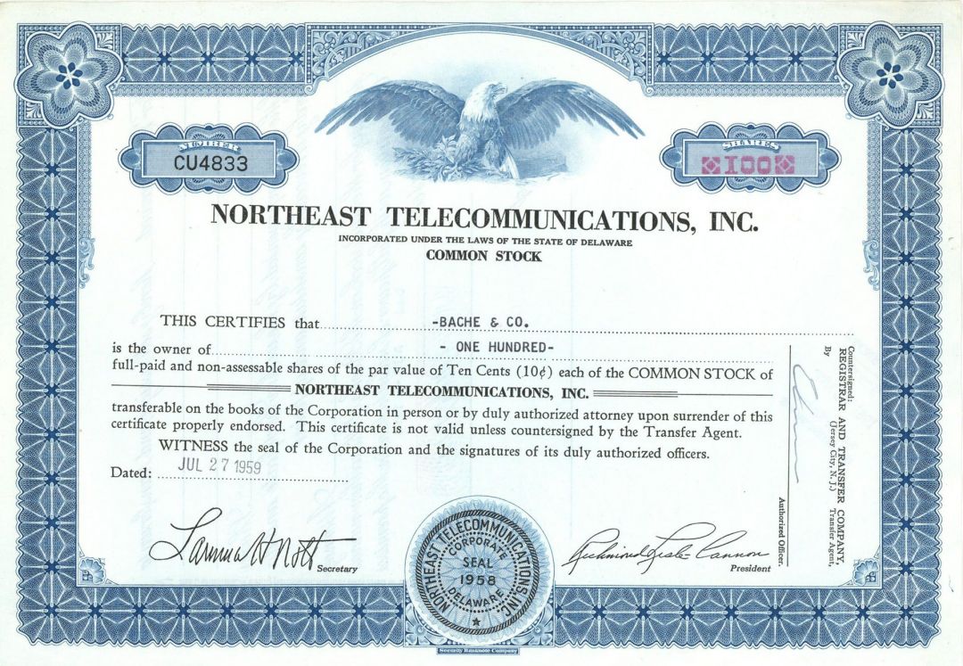 Northeast Telecommunications, Inc. -  Stock Certificate