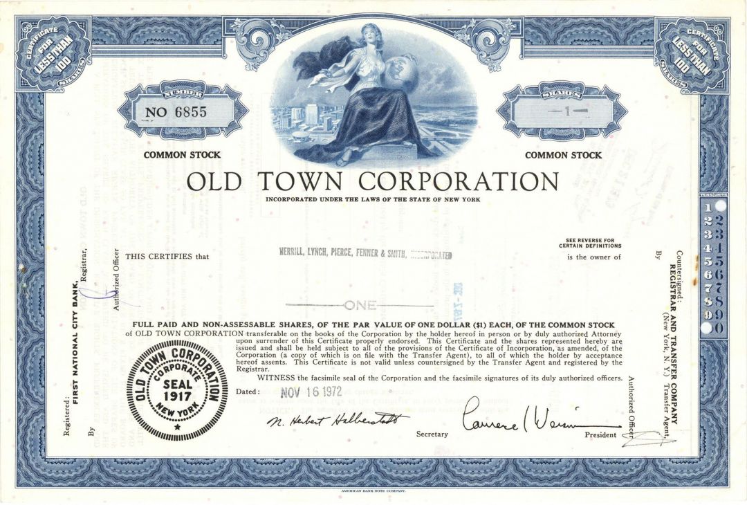 Old Town Corporation - 1971-73 dated Stock Certificate