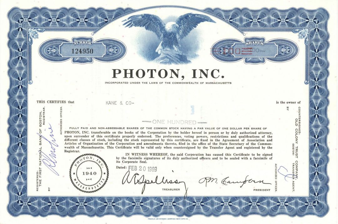 Photon, Inc. -  Stock Certificate
