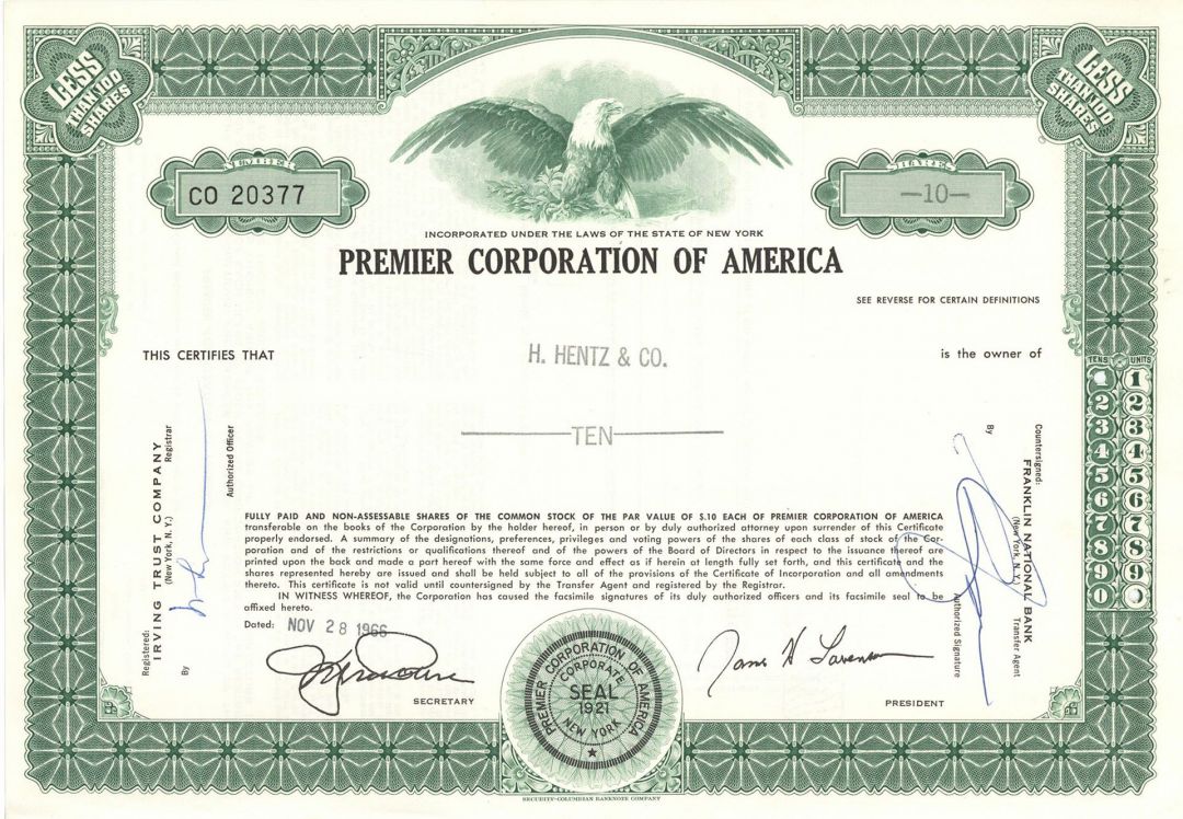 Premier Corporation of America -  Stock Certificate
