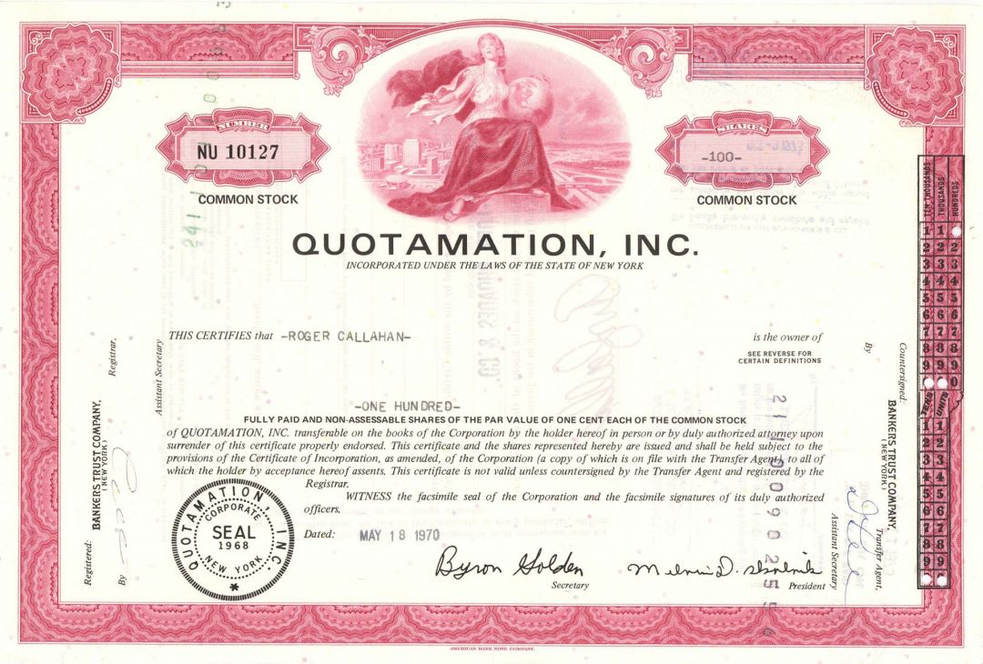 Quotamation, Inc. -  Stock Certificate