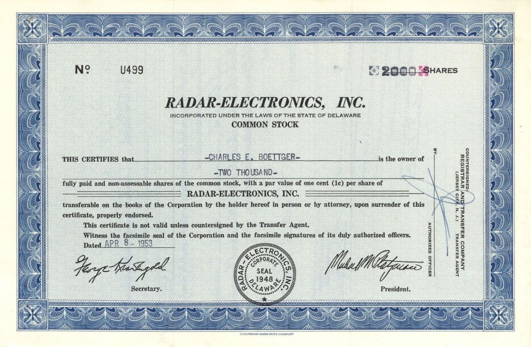 Radar-Electronics, Inc. -  Stock Certificate