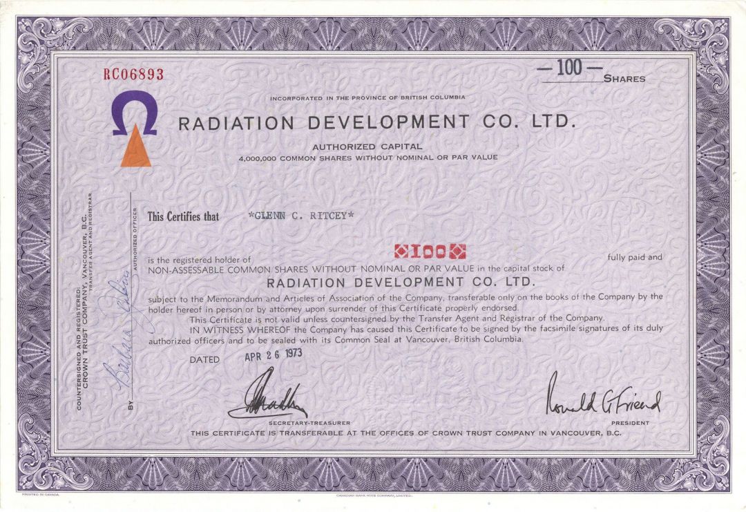 Radiation Development Co. Ltd. -  Stock Certificate