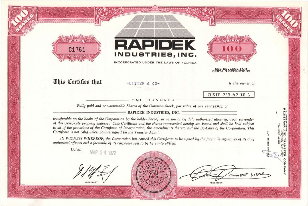 Rapidek Industries, Inc. -  Stock Certificate