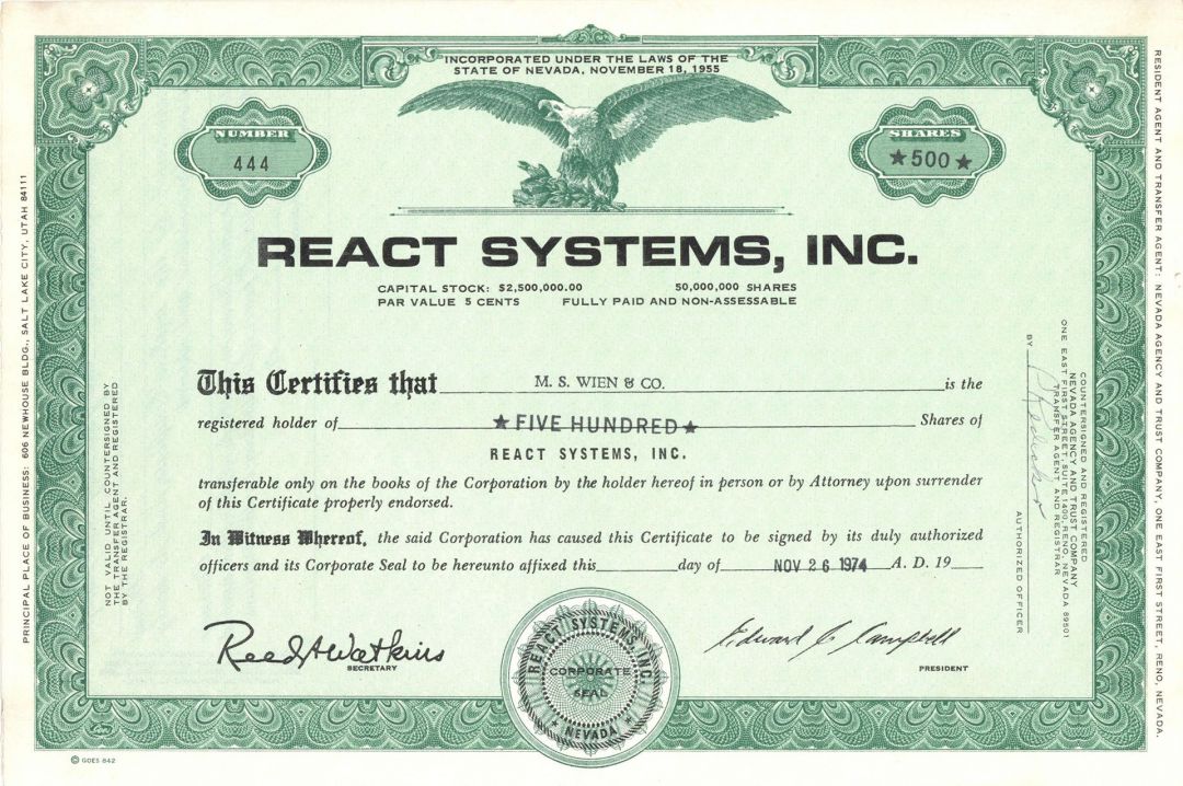 React Systems, Inc. - 1974 dated Nevada Stock Certificate - Reno, Nevada