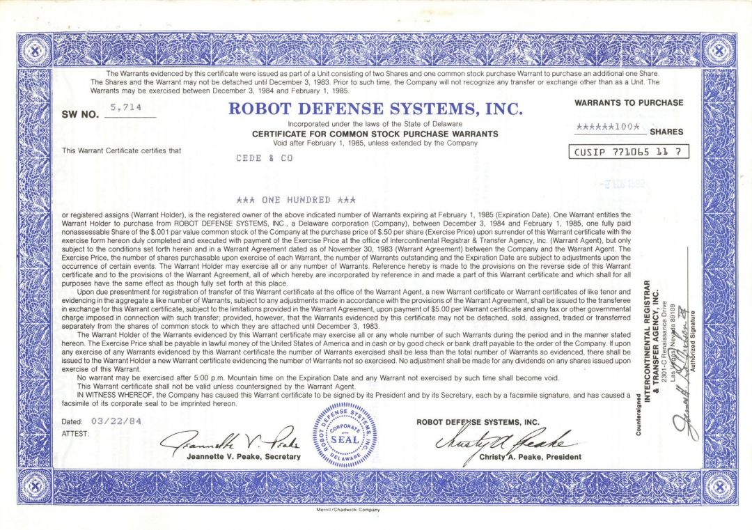 Robot Defense Systems, Inc. -  Stock Certificate