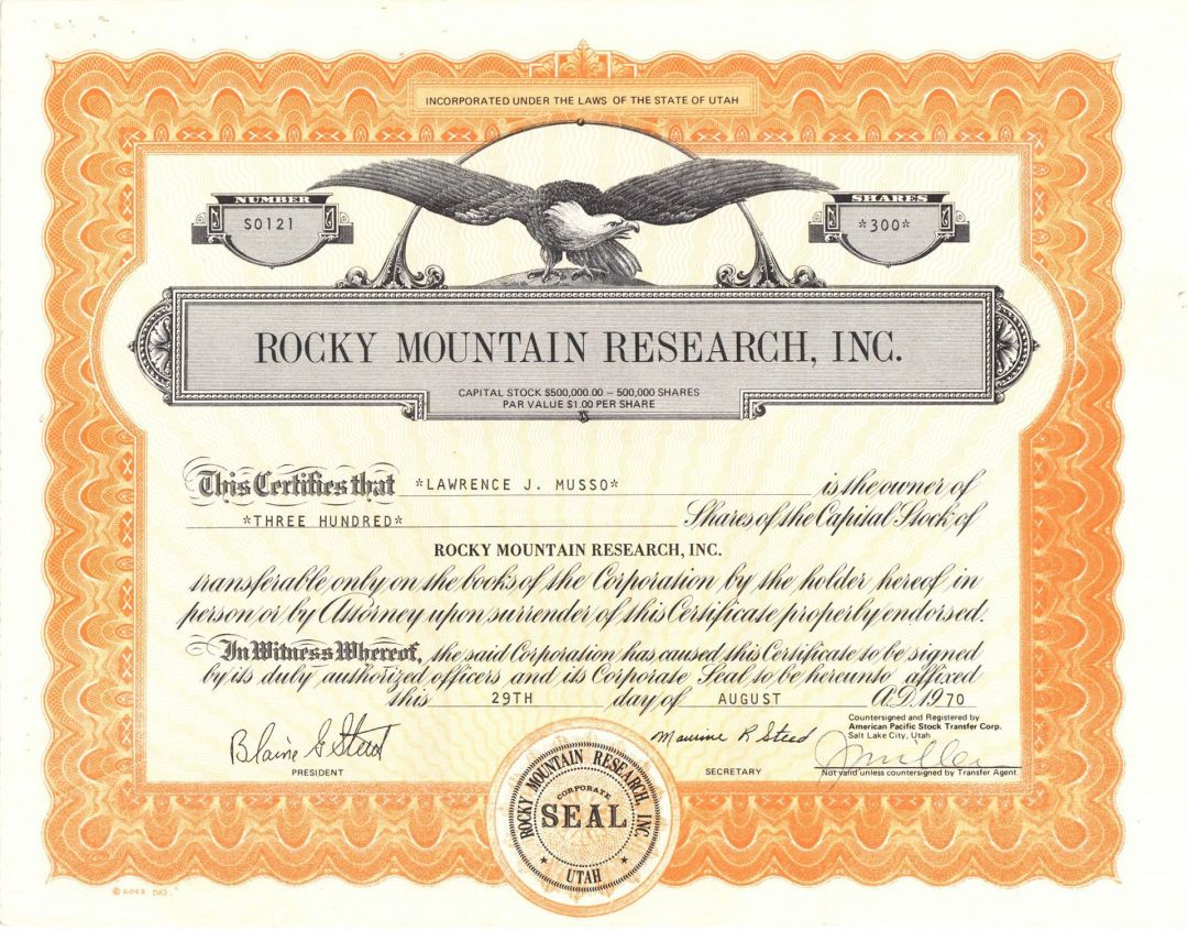 Rocky Mountain Research, Inc. - 1970 or 1971 dated Stock Certificate