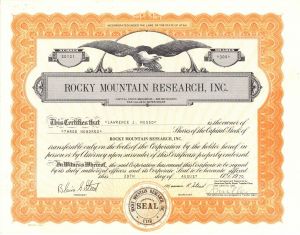 Rocky Mountain Research, Inc. -  Stock Certificate