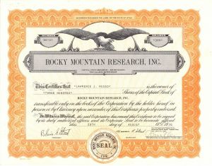 Rocky Mountain Research, Inc. - 1970 or 1971 dated Stock Certificate