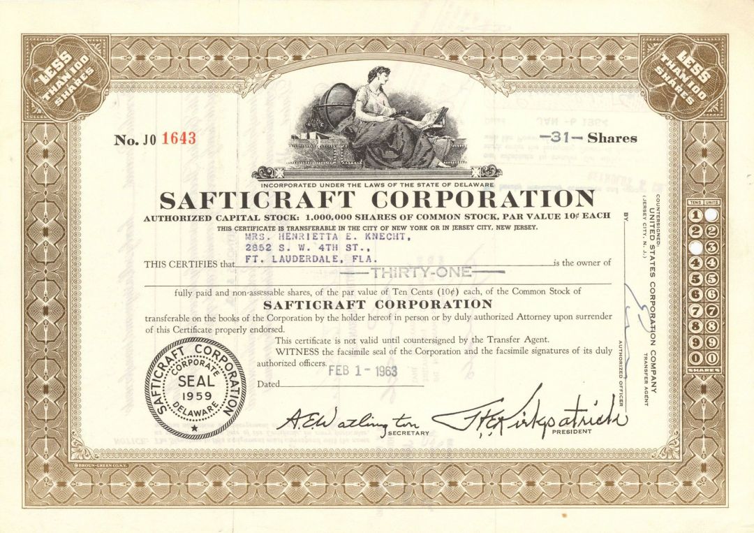 Safticraft Corp. -  Stock Certificate