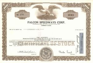 Falcon Speedways Corp. - 1969 or 1970 Stock Certificate