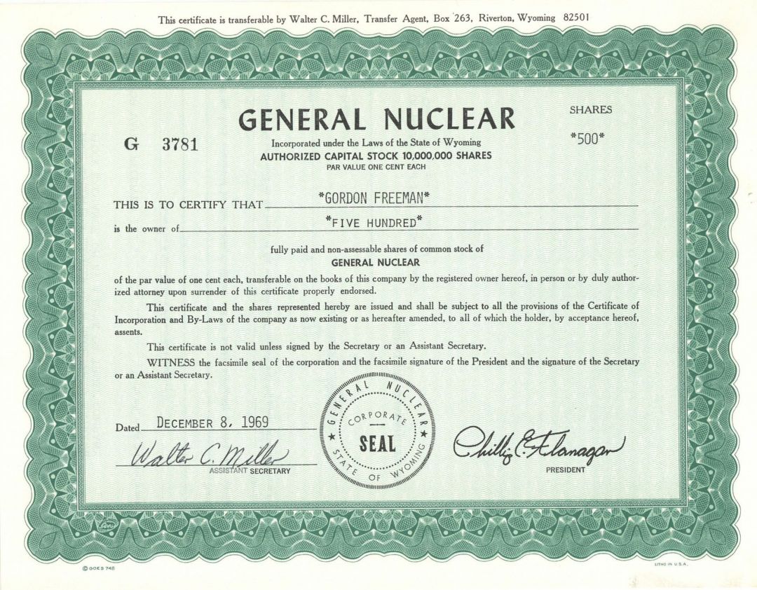 General Nuclear - Stock Certificate