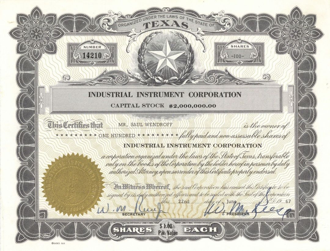 Industrial Instrument Corp. - Austin, Texas Stock Certificate