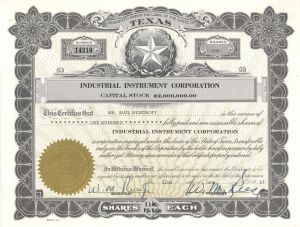 Industrial Instrument Corp. - Austin, Texas Stock Certificate