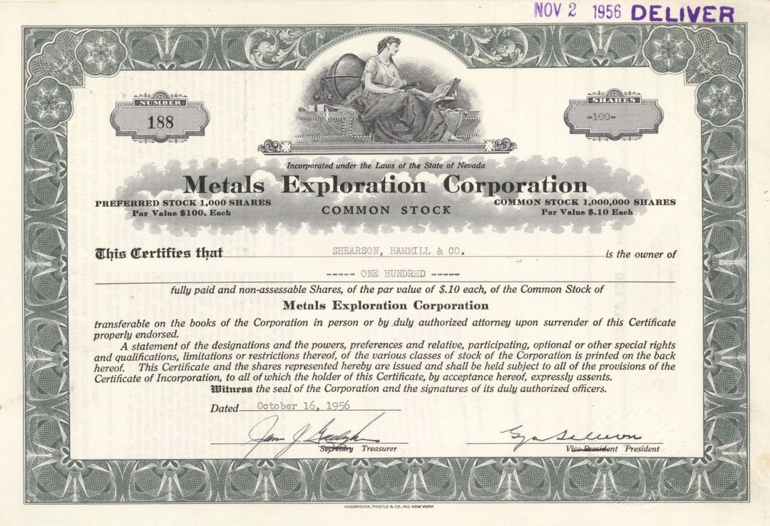 Metals Exploration Corp. - Stock Certificate