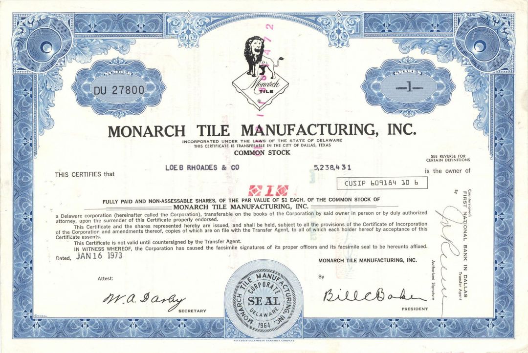 Monarch Tile Manufacturing, Inc. - Stock Certificate
