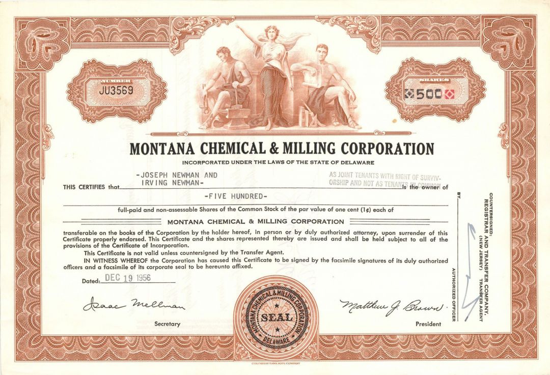 Montana Chemical and Milling Corp. - Stock Certificate