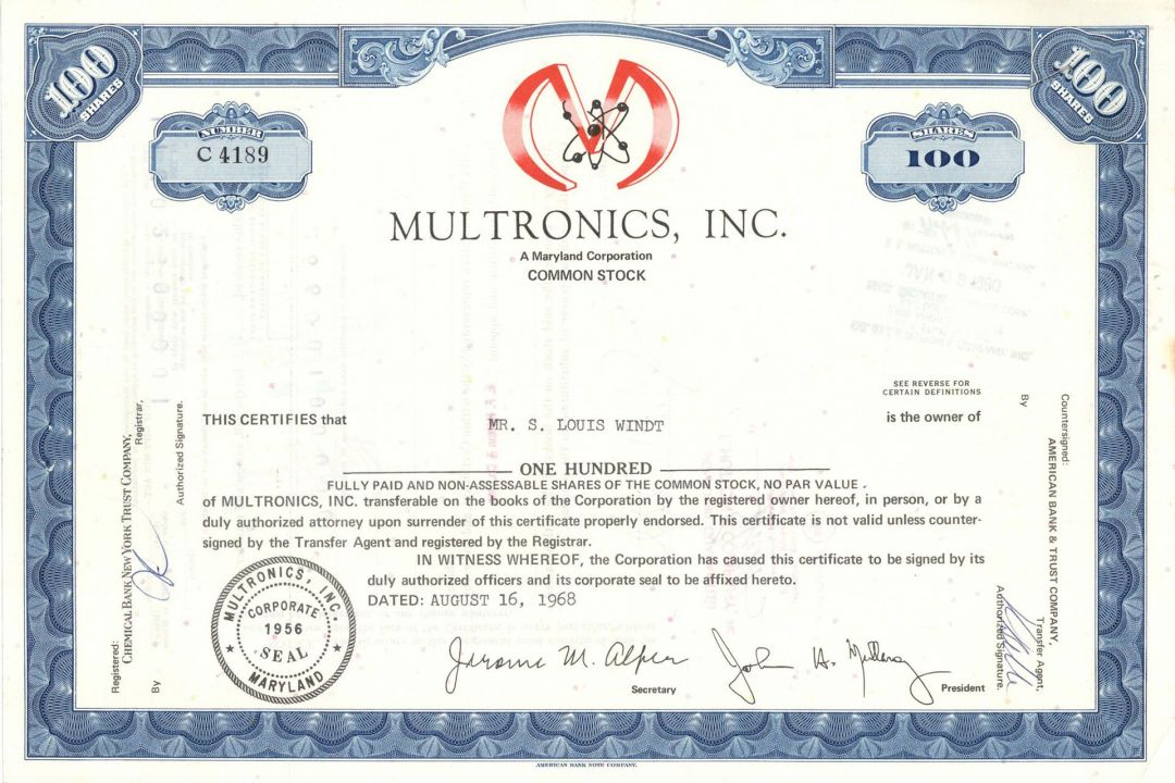 Multronics, Inc. - Stock Certificate