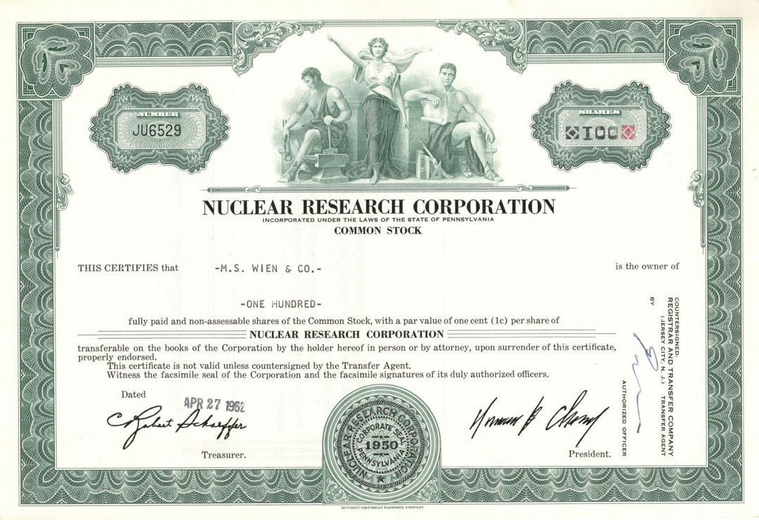 Nuclear Research Corp. - Stock Certificate - Very Rare Topic