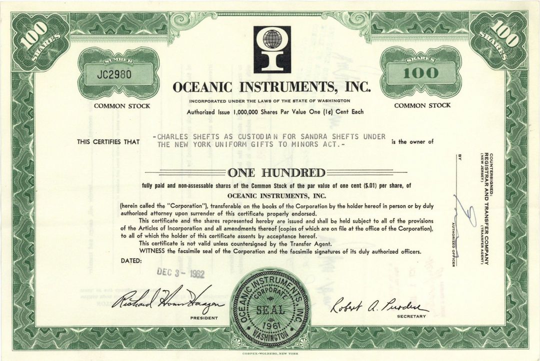 Oceanic Instruments, Inc. - Houghton, Washington - 1962 or 1963 dated Stock Certificate