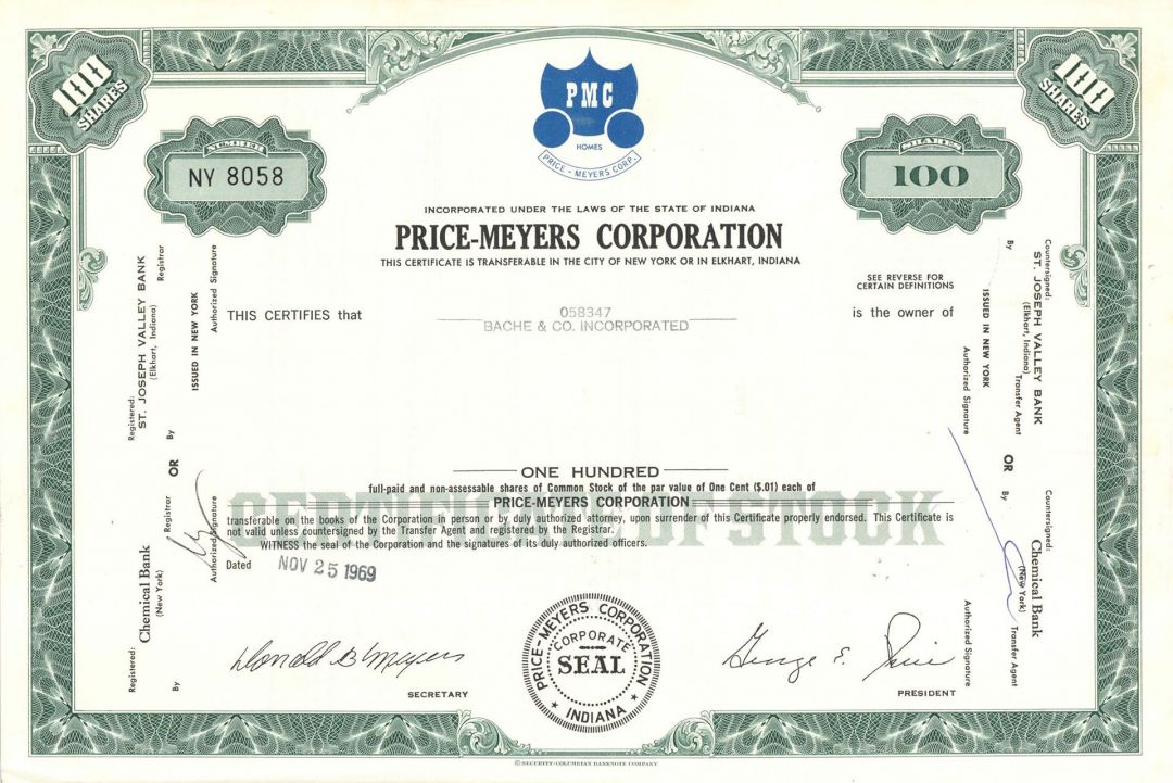 Price-Meyers Corp. - Stock Certificate