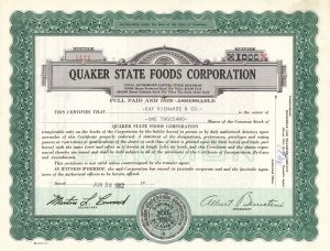 Quaker State Foods Corp. - Stock Certificate