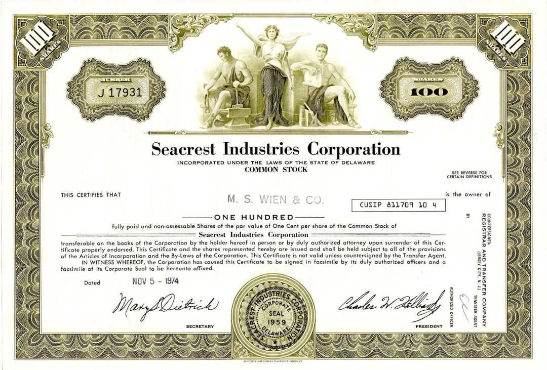 Seacrest Industries Corp. - Stock Certificate